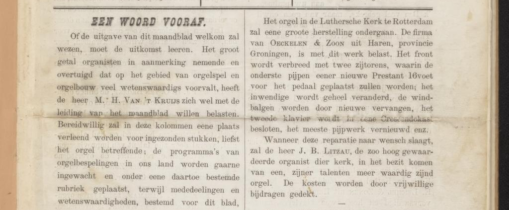 Eerste pagina van de eerste uitgave van Tijdschrift Het Orgel (1886)